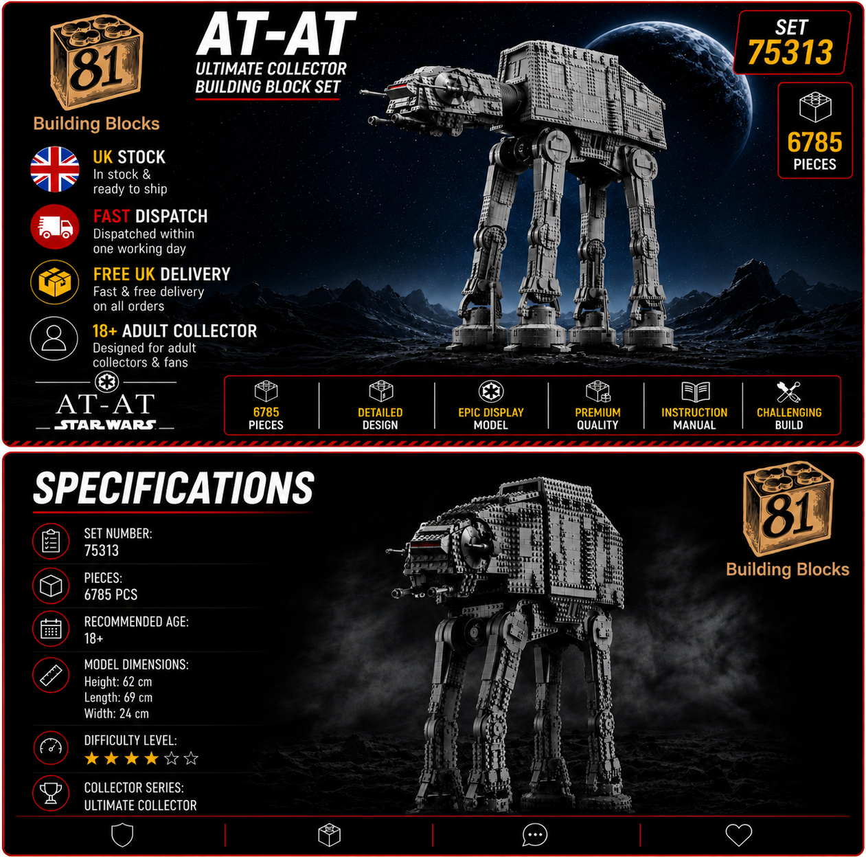 75313 Star Wars UCS AT-AT 6785 pieces and 9 Mini Figures MOC